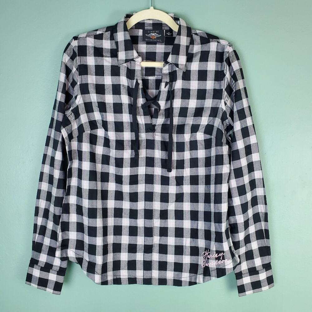 Harley-Davidson Women's Script Front Laced Front Plaid Shirt Size Medium